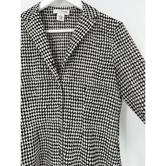 Rena Rowan Vintage Blouse Womens 6 Black White Grid Diamond Long Sleeve Top - Picture 7 of 16